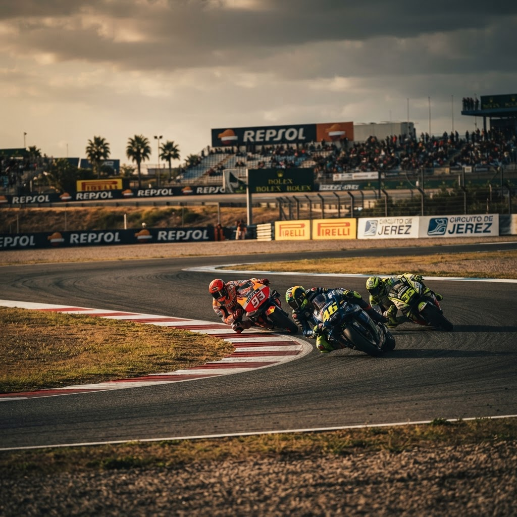 Sportmotoren in een bocht op het circuit van Jerez